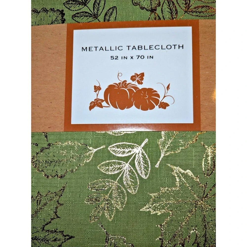 Harvest Green Metallic Gold Autumn Leaves Tablecloth 52 X 70-inch Polyester NEW